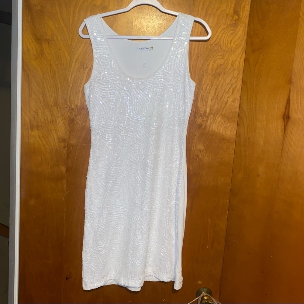 Calvin Klein white sequins sleeveless stretch dress size 8